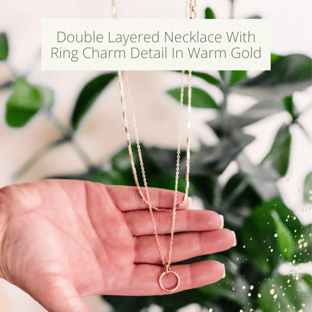 1.15 Double Layered Necklace With Ring Charm Detail In Warm Gold