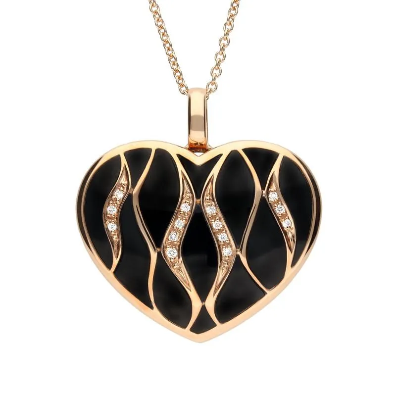 18ct Rose Gold Whitby Jet Diamond Wavy Heart Necklace D