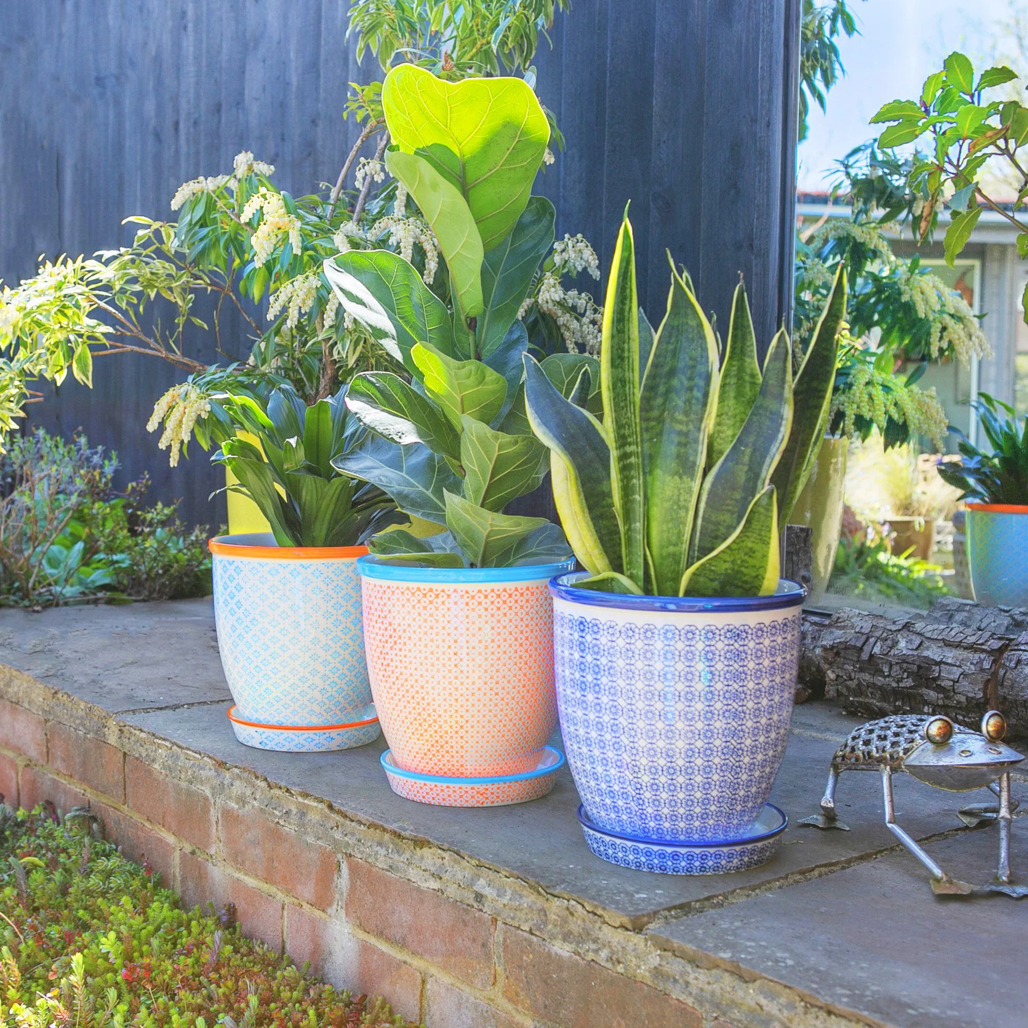 20cm Hand Printed Stoneware Plant Pot with Saucer - By Nicola Spring