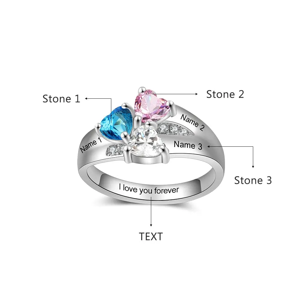 .925 Sterling Silver Flower Birthstone Family Ring with Laser Engraved Names Plus Message Inside the Ring