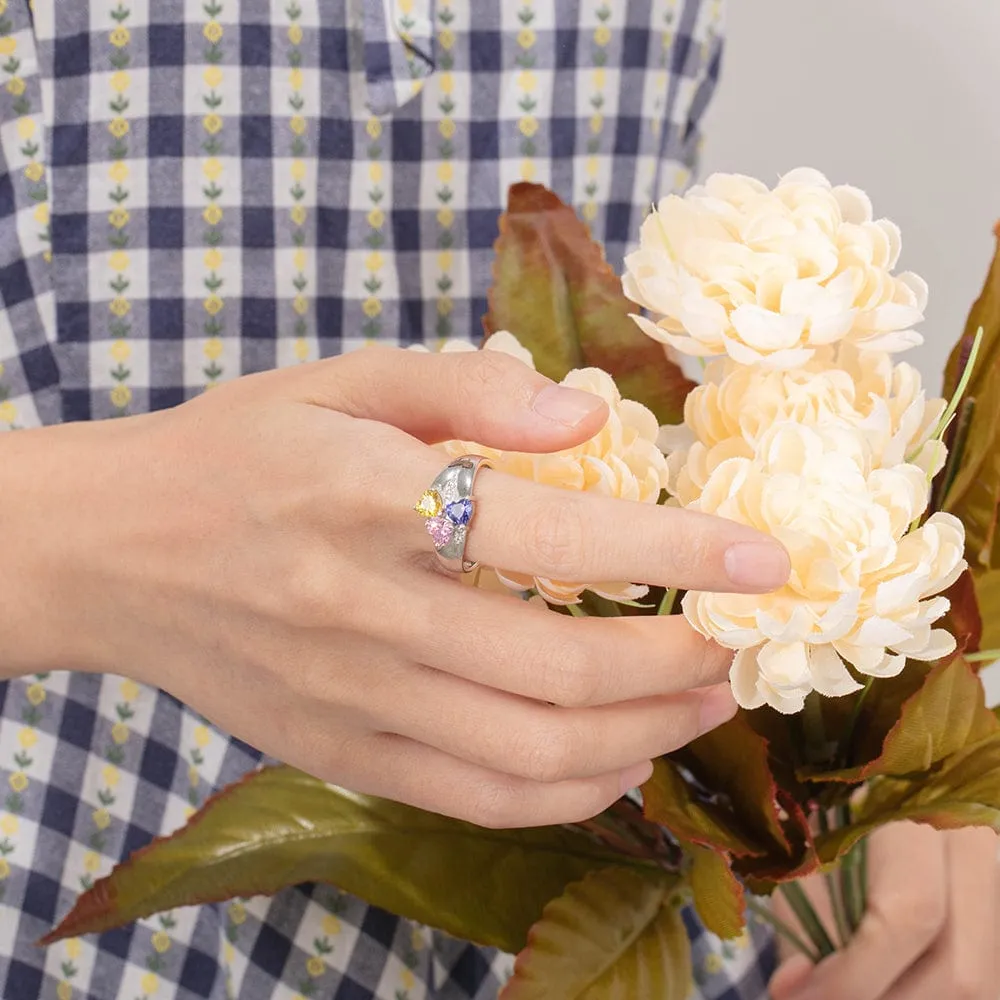 .925 Sterling Silver Flower Birthstone Family Ring with Laser Engraved Names Plus Message Inside the Ring