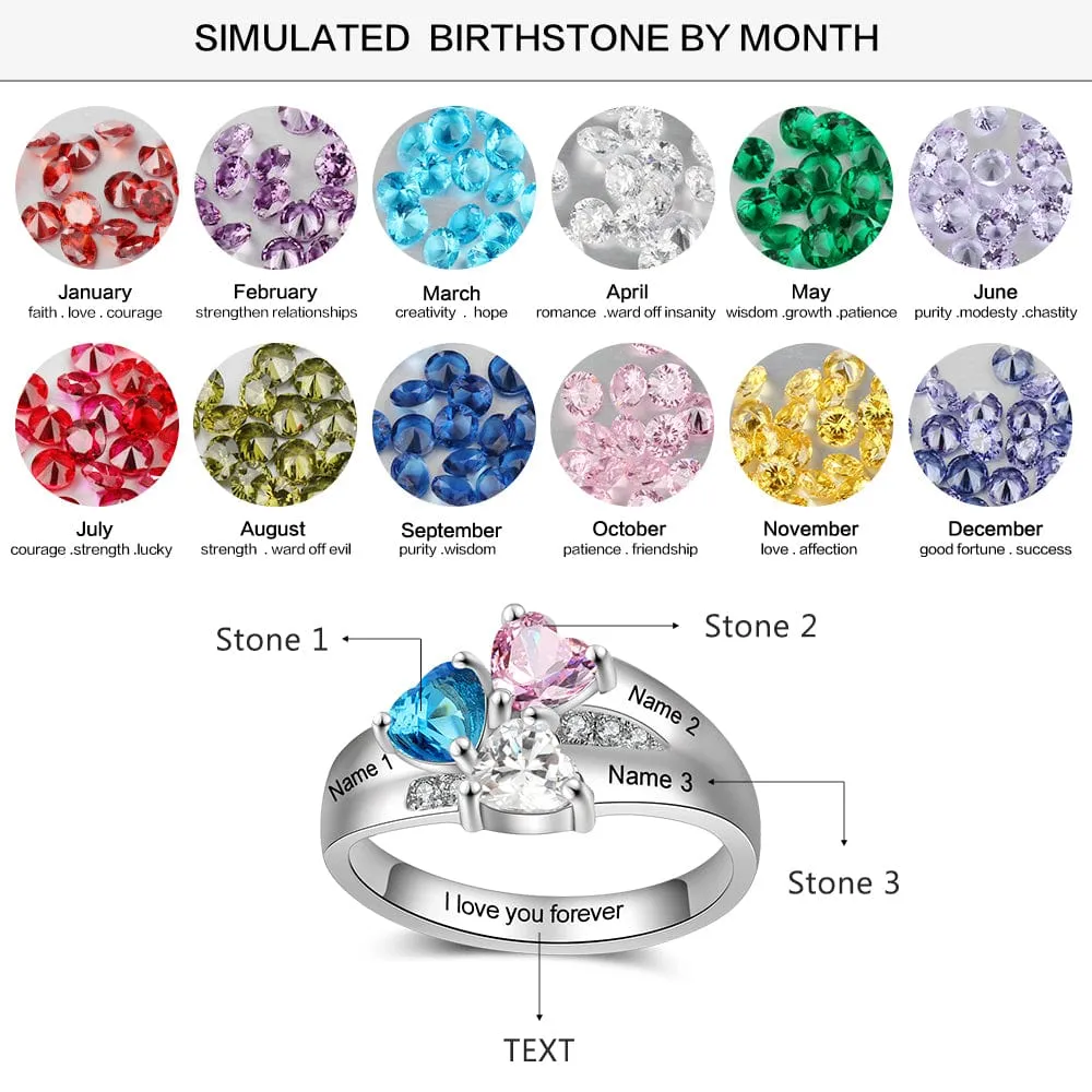 .925 Sterling Silver Flower Birthstone Family Ring with Laser Engraved Names Plus Message Inside the Ring