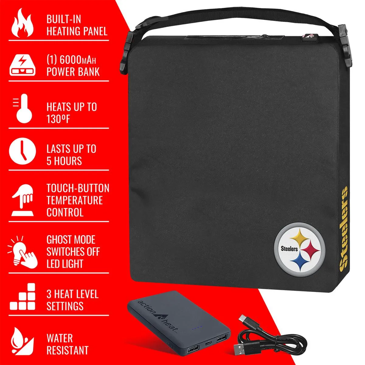 ActionHeat Pittsburgh Steelers 5V Battery Heated Seat Cushion