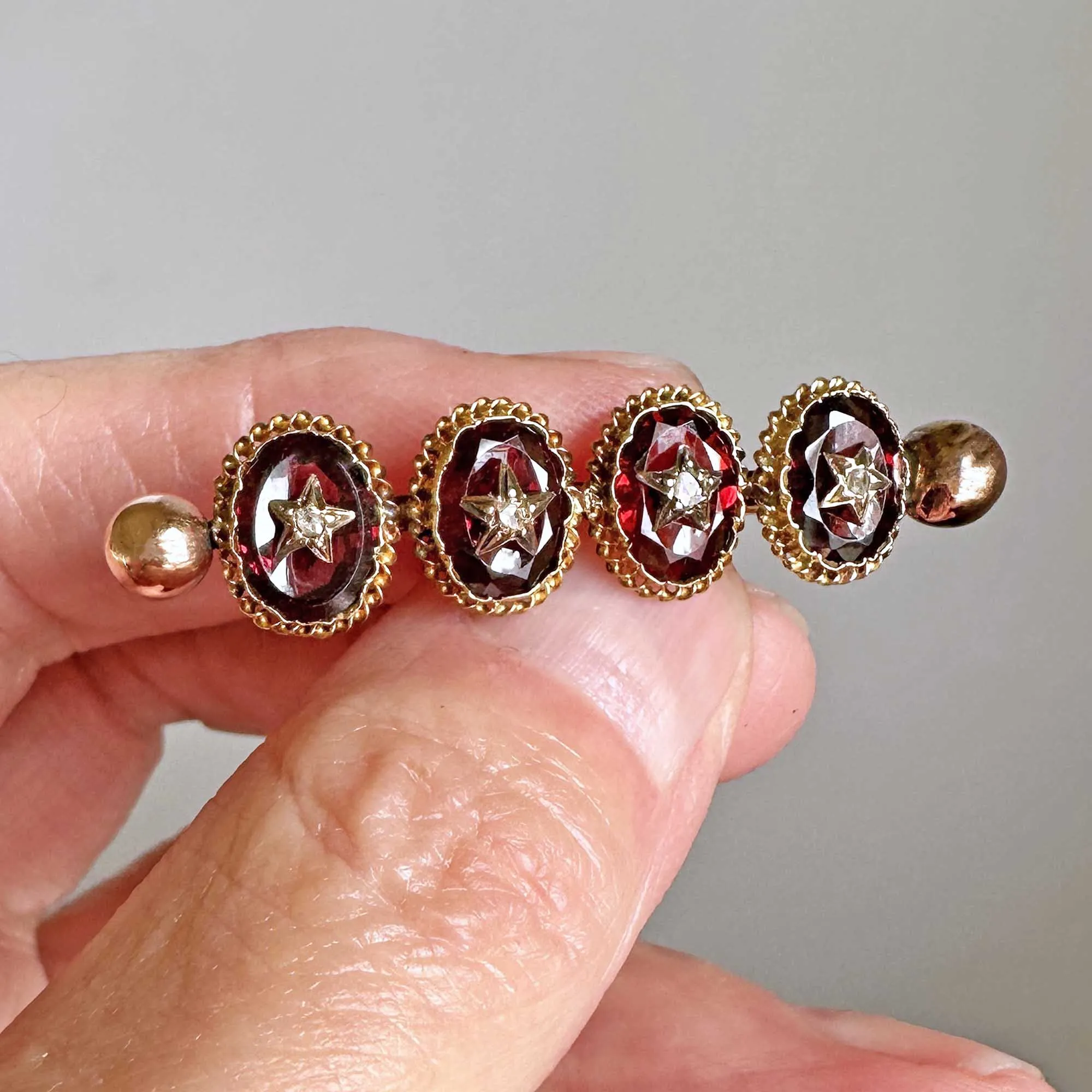 Antique Victorian Gold Garnet Brooch w Diamond Stars