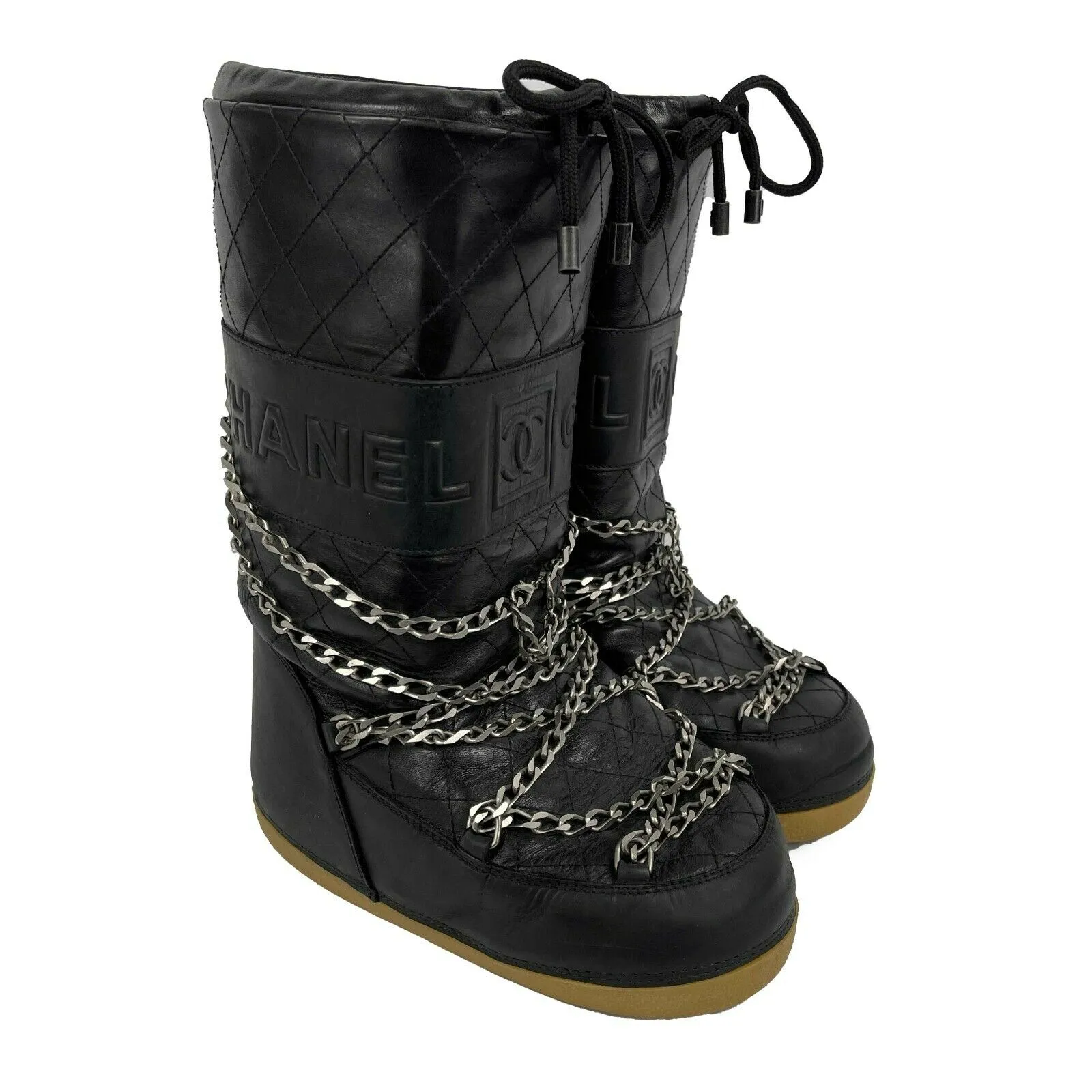 CHANEL - 06 Black Ski SnowBoots with Chain Link Detail - 38-40 fits US 7.5