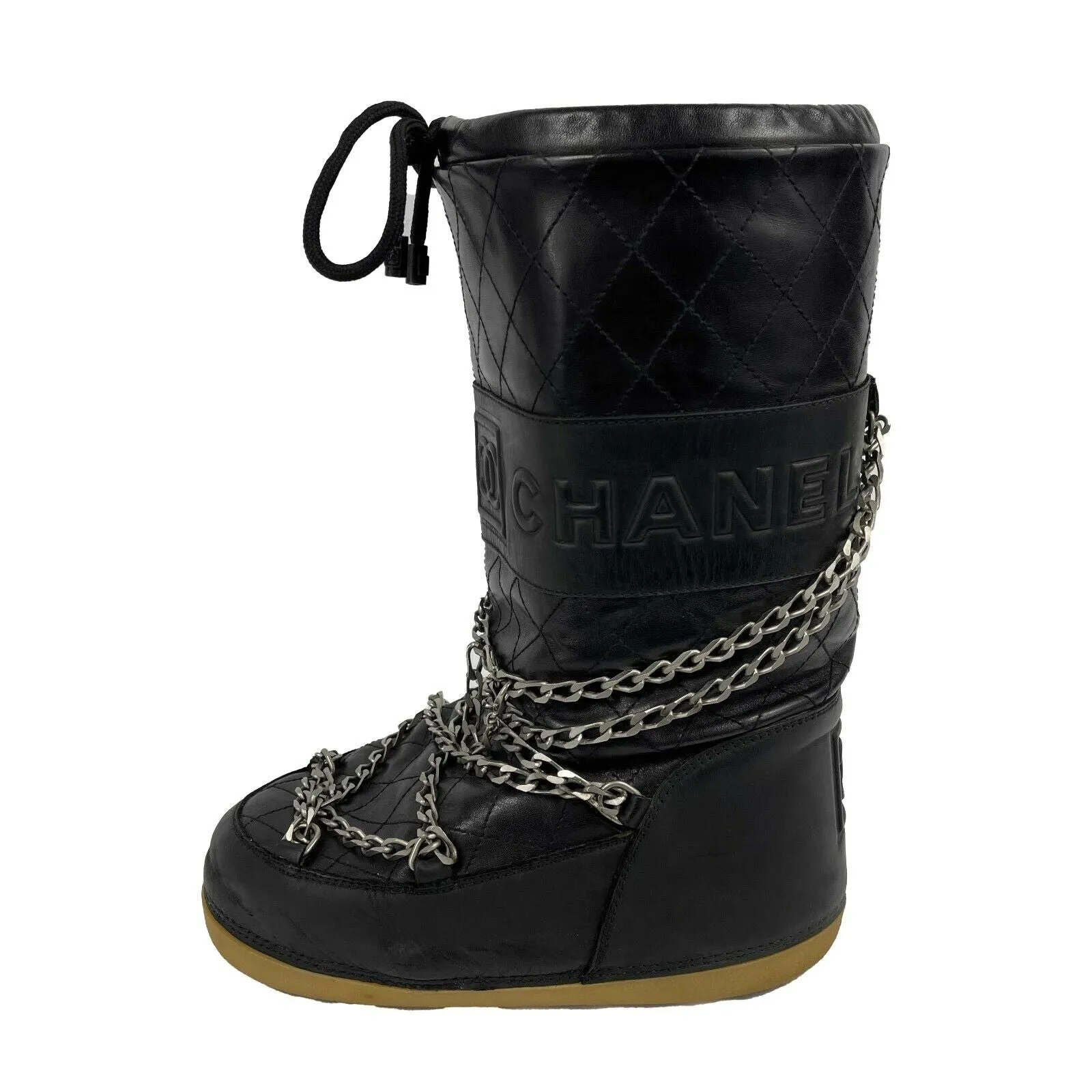 CHANEL - 06 Black Ski SnowBoots with Chain Link Detail - 38-40 fits US 7.5