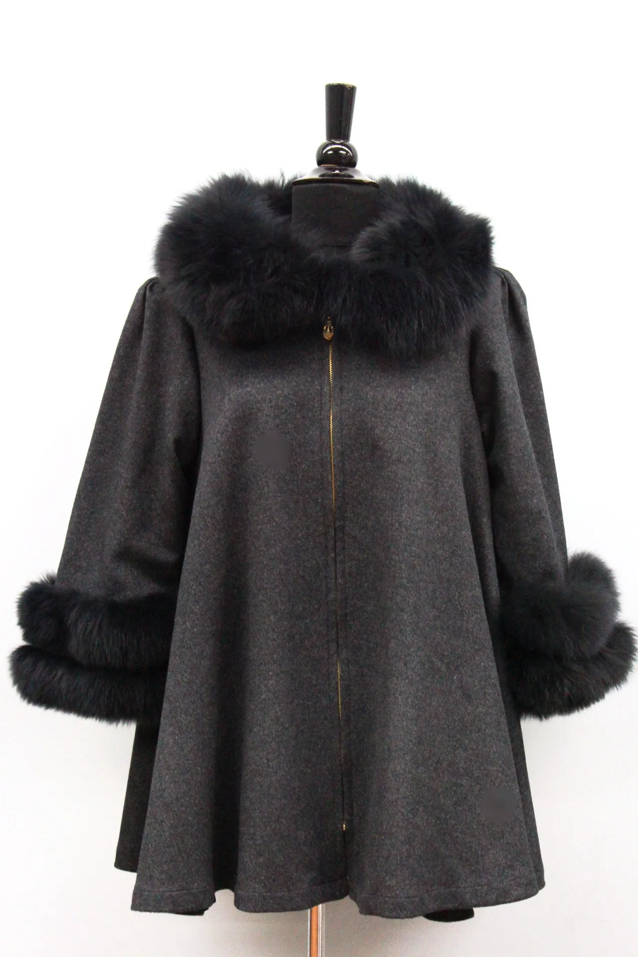 Coat with Fox Fur Collar and Fur Trim Sleeves- Grey