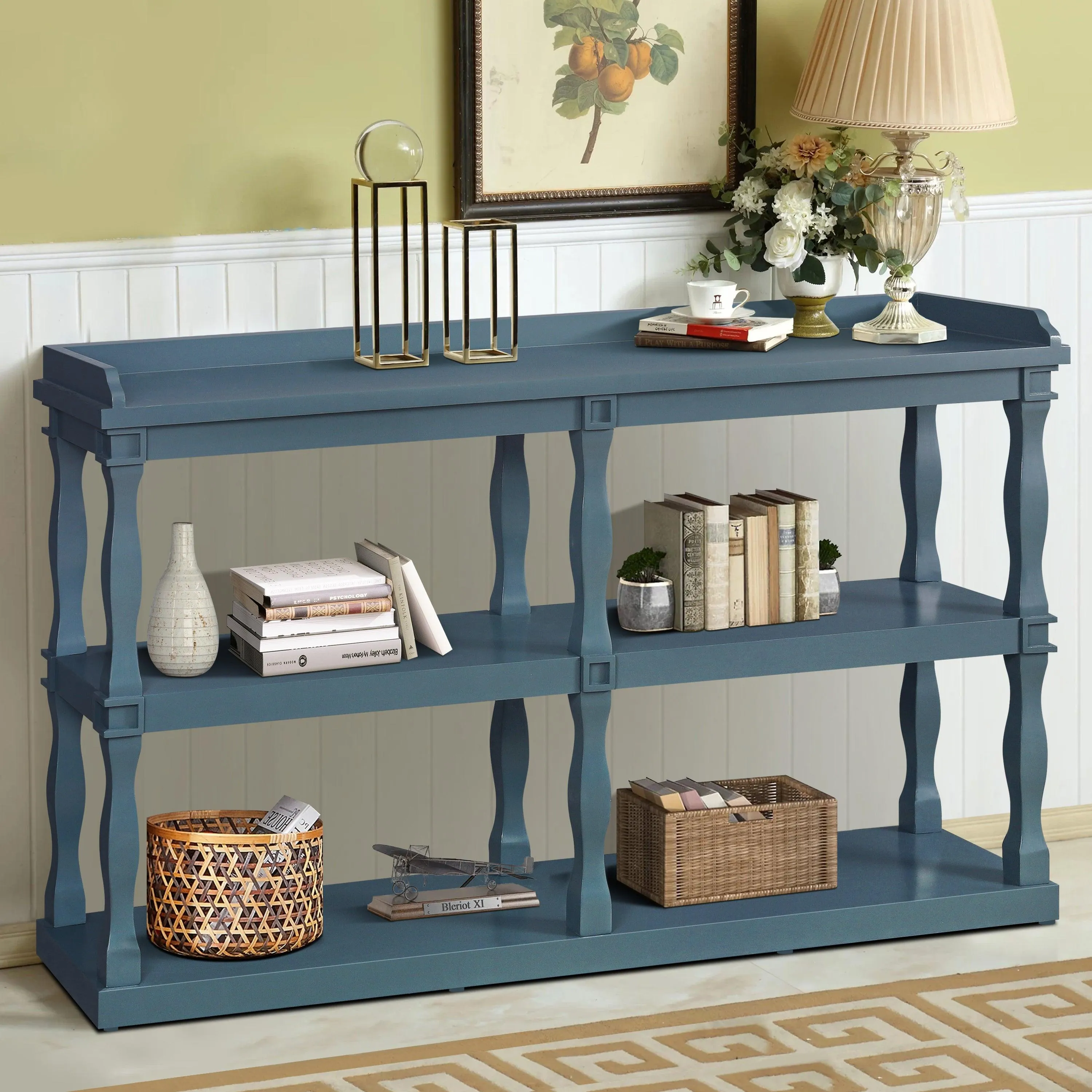 Console Table with 3-Tier Storage and Roman Column Legs, Navy Blue