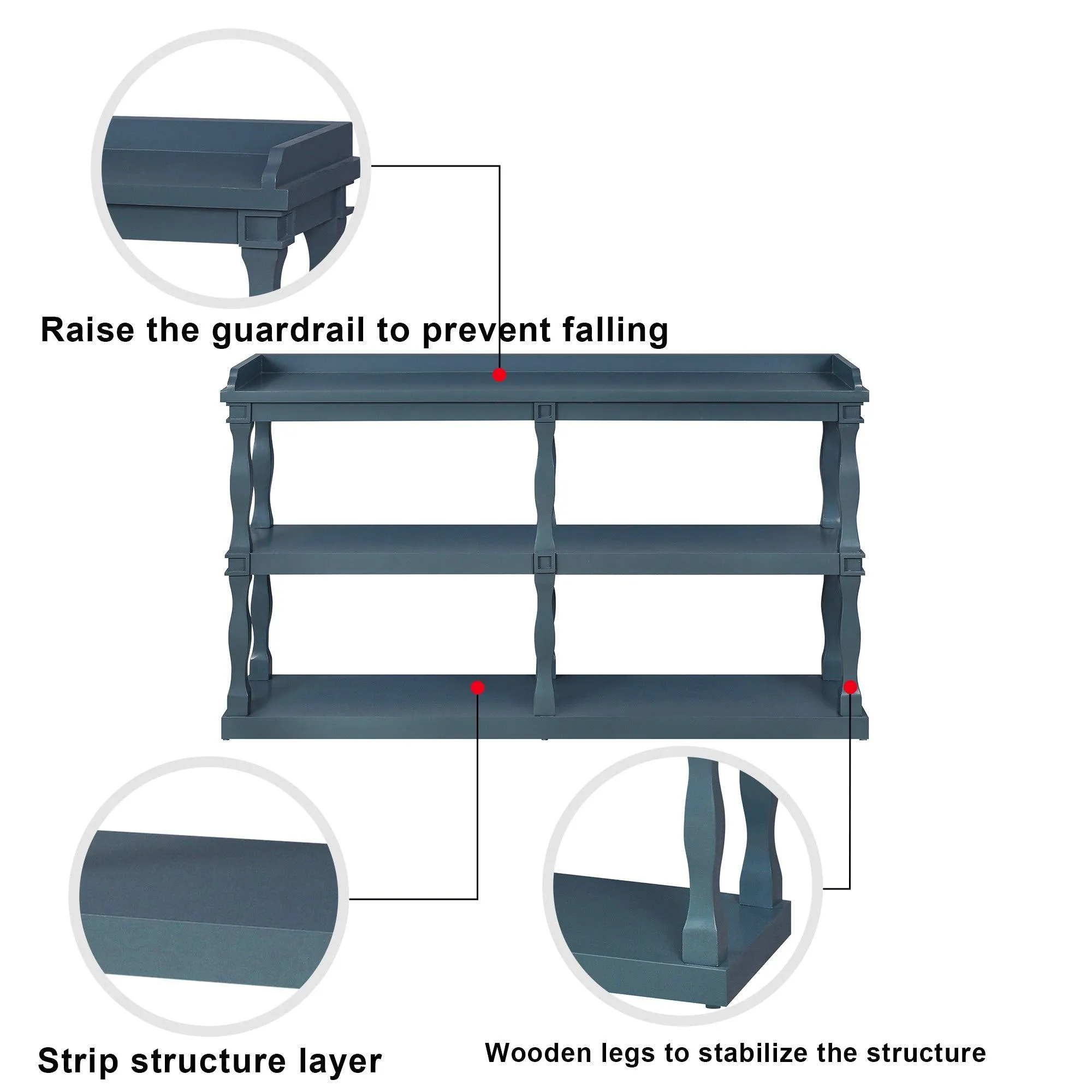 Console Table with 3-Tier Storage and Roman Column Legs, Navy Blue
