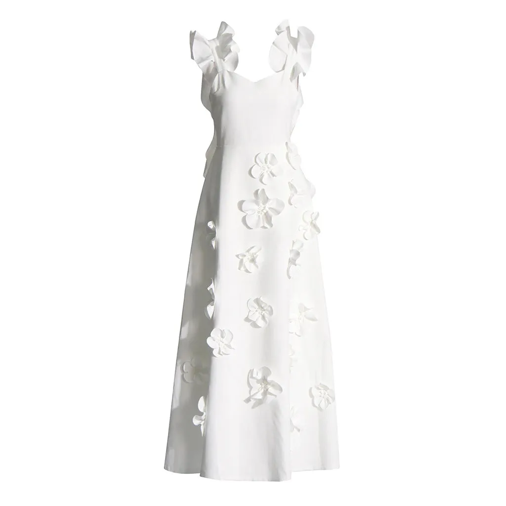 Elegant Ruffle Sleeveless Fit and Flare Floral Applique Evening Maxi Dress