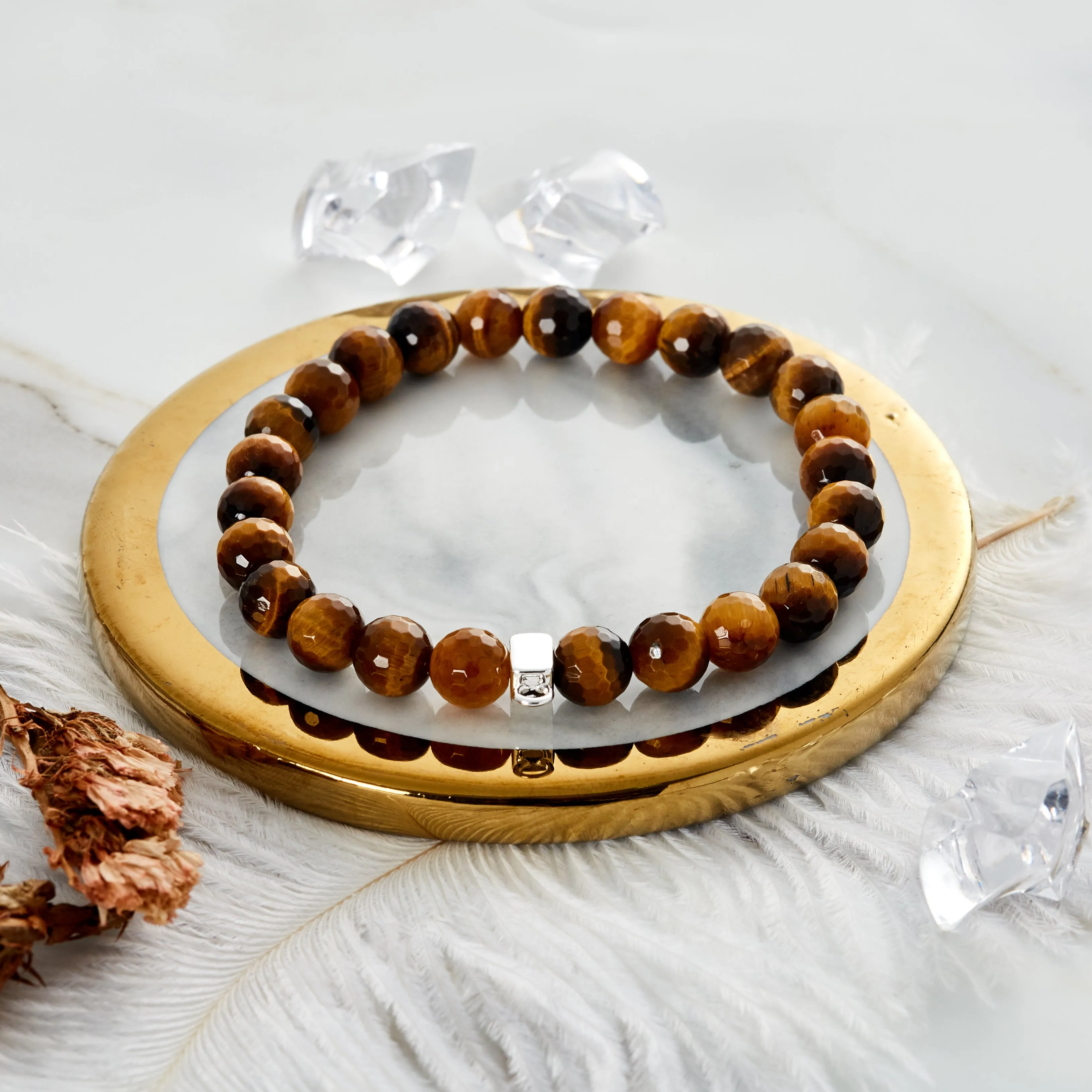 Faceted Tigers Eye Gemstone Charm Stretch Bracelet