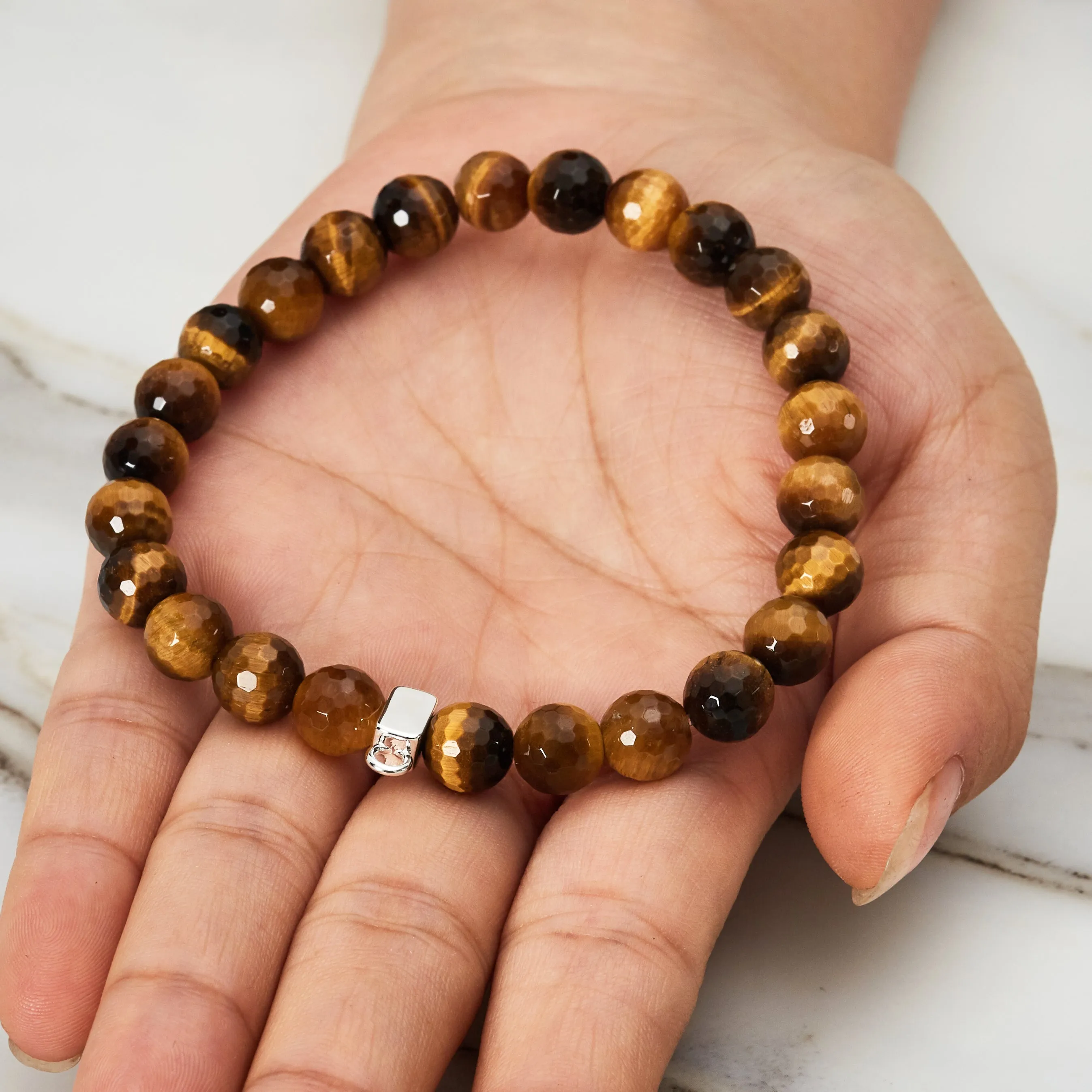 Faceted Tigers Eye Gemstone Charm Stretch Bracelet