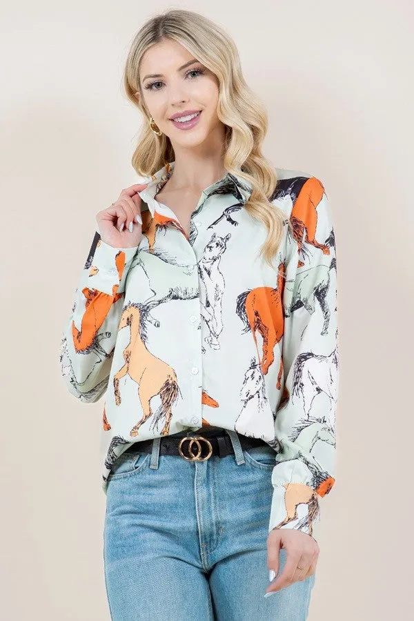 Horses Print Button Down Shirt in Mint at Bourbon Cowgirl