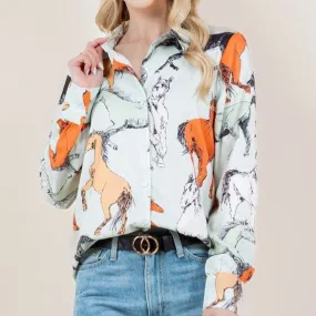 Horses Print Button Down Shirt in Mint at Bourbon Cowgirl