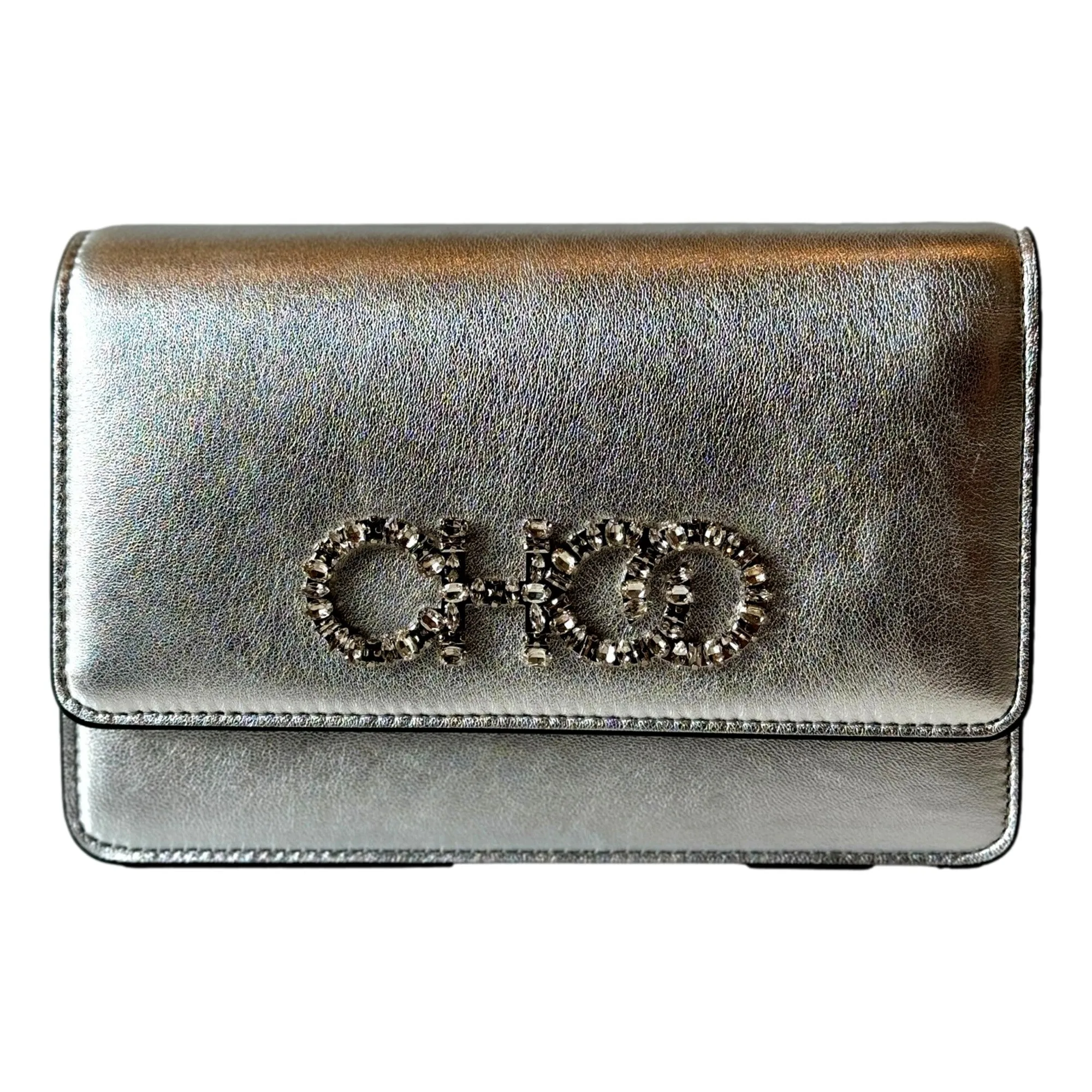 Jimmy Choo Kalina  Crossbody Clutch Bag Crystal Logo Metallic Silver