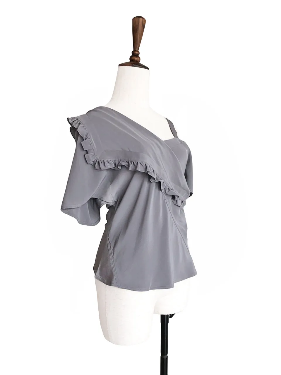 Last Chance! Grey Flirty Cold Shoulder Asymmetrical Ruffle Silk Top