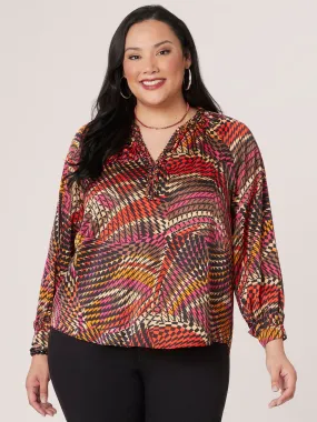 Long Blouson Sleeve Braided V-Neck Abstract Print Plus Size Woven Top