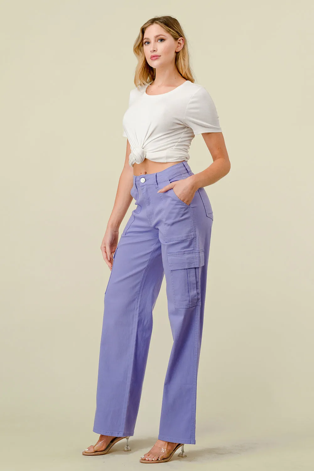 LVB-600 LILAC HIGH WAISTED SUPER-STRETCH COLORED CARGO PANTS