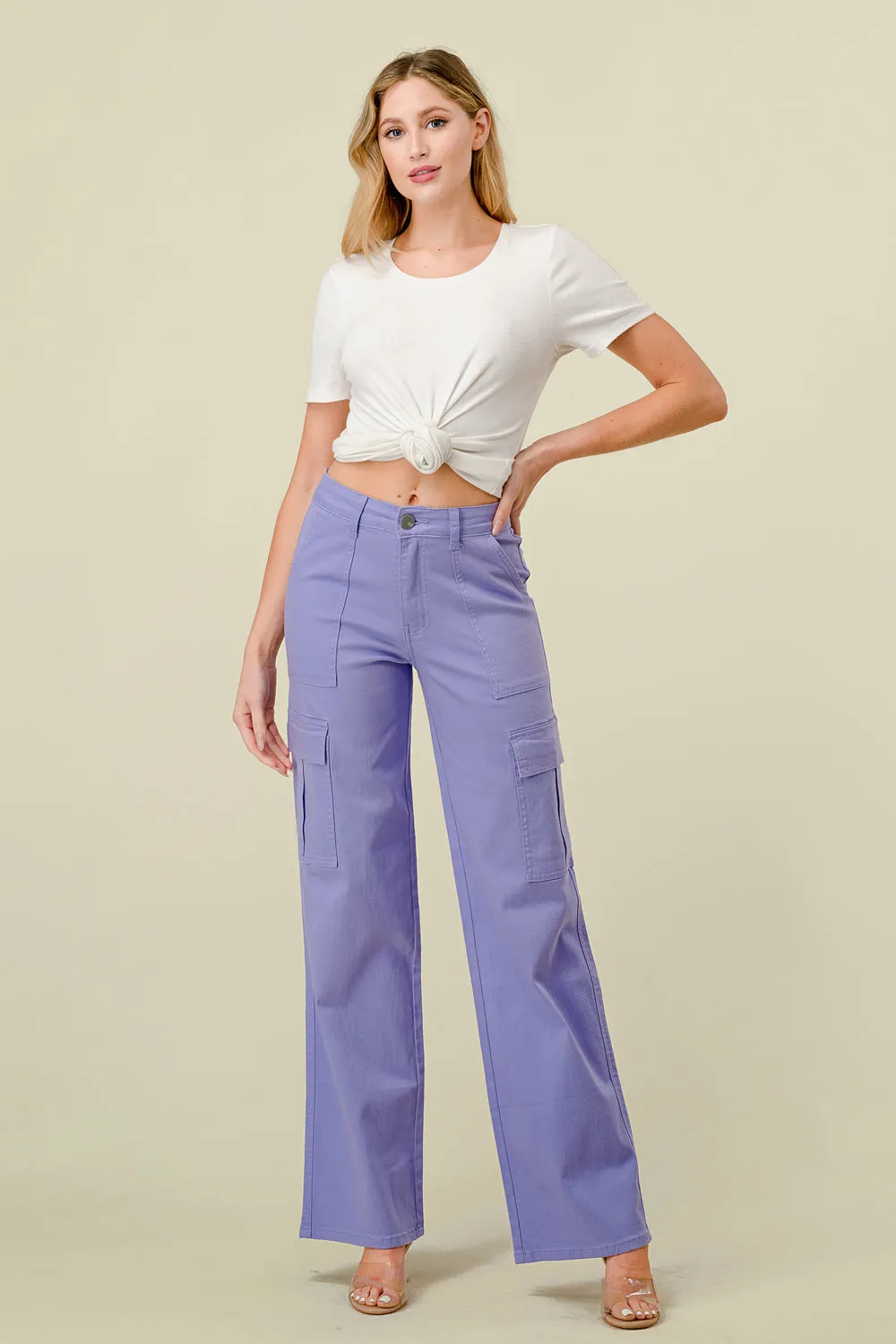 LVB-600 LILAC HIGH WAISTED SUPER-STRETCH COLORED CARGO PANTS