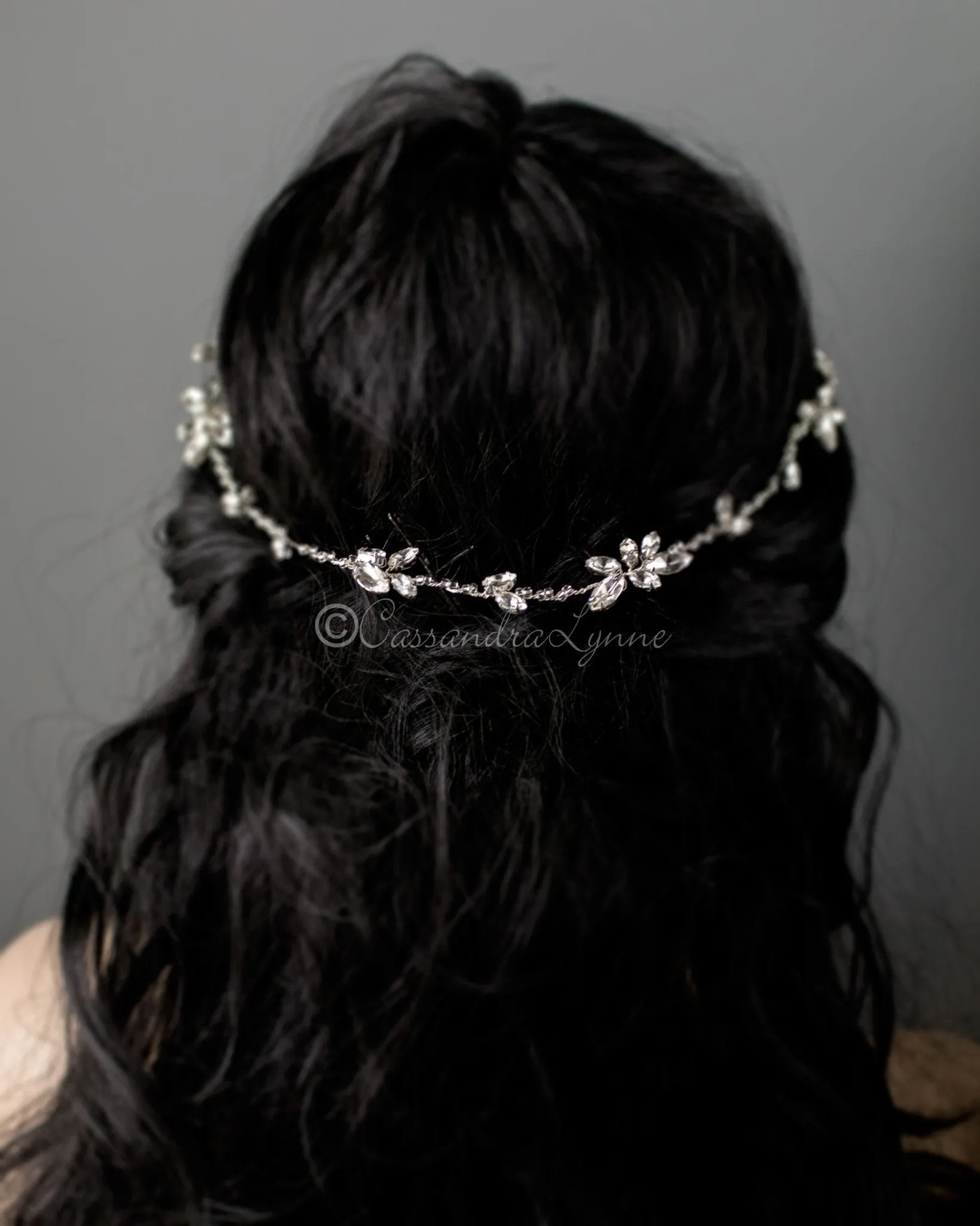 Minimalist Bridal Hair Vine of Beads and Marquise Leaves