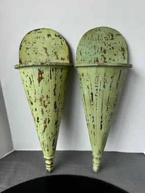 Pair of Bohemian Distressed Sage Green Painted Vintage Wooden Wall Pockets