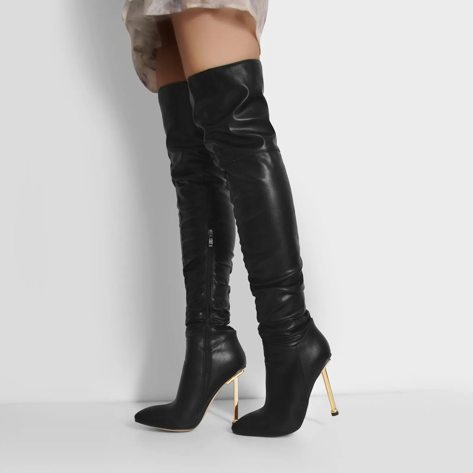 Pointed Toe Matte Black Metal Heels Stiletto Thigh Boots