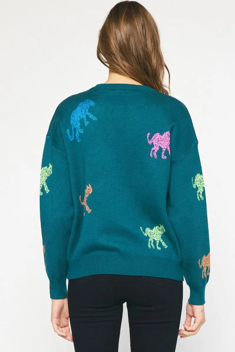 Purrfect Multi Cheetah Sweater - Teal Green