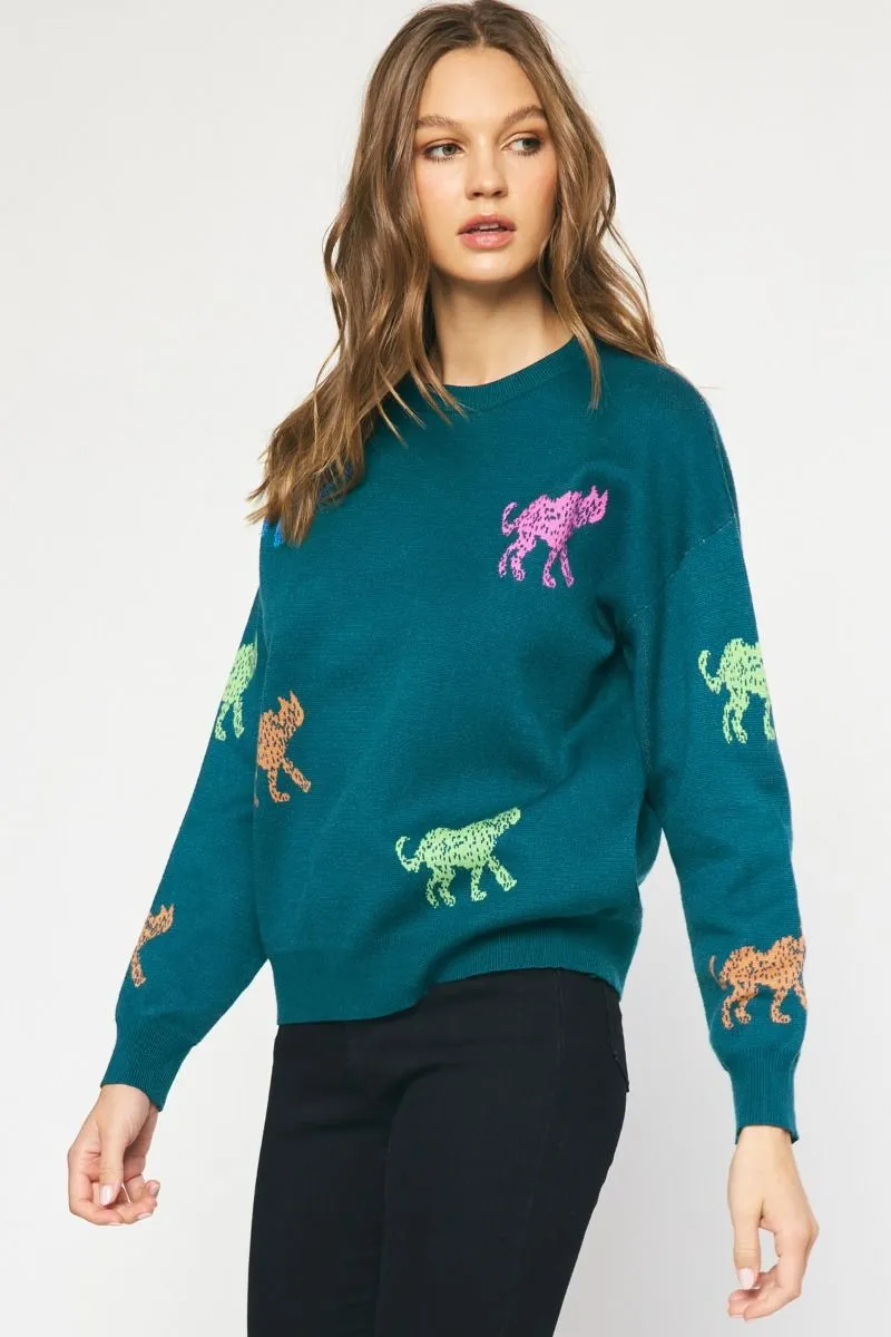 Purrfect Multi Cheetah Sweater - Teal Green