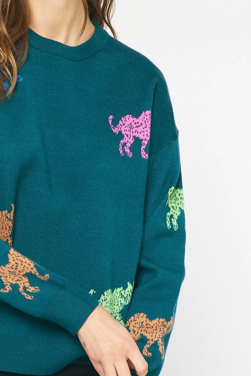 Purrfect Multi Cheetah Sweater - Teal Green