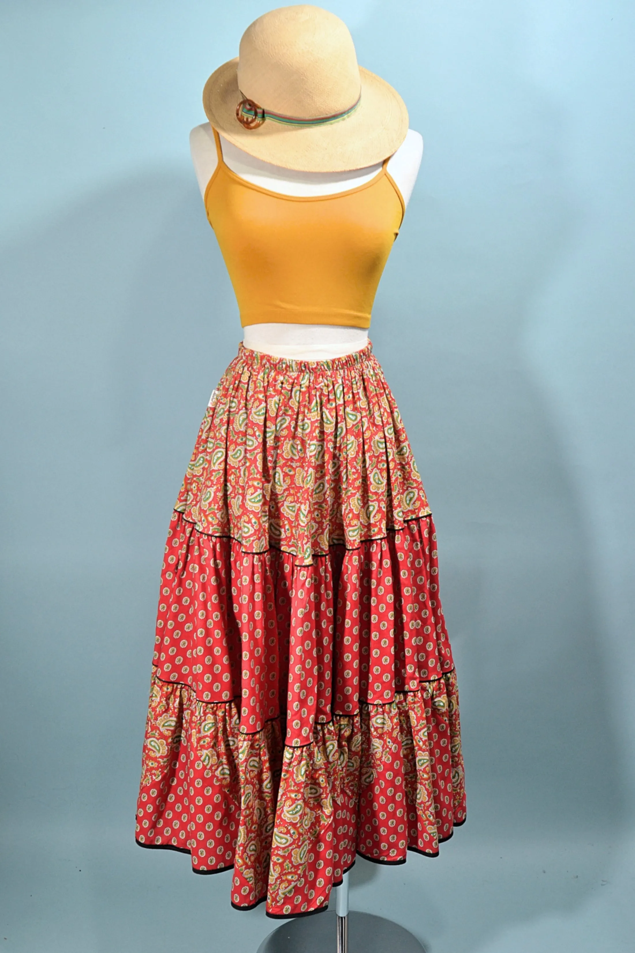 SOLD Vintage Indiennes Bohemian Tiered Gypsy Midi Skirt, S/M