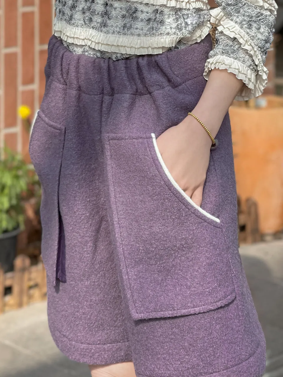 Surprise Sale! Dusty Lilac Elastic Waist Patch Pockets Wool Shorts