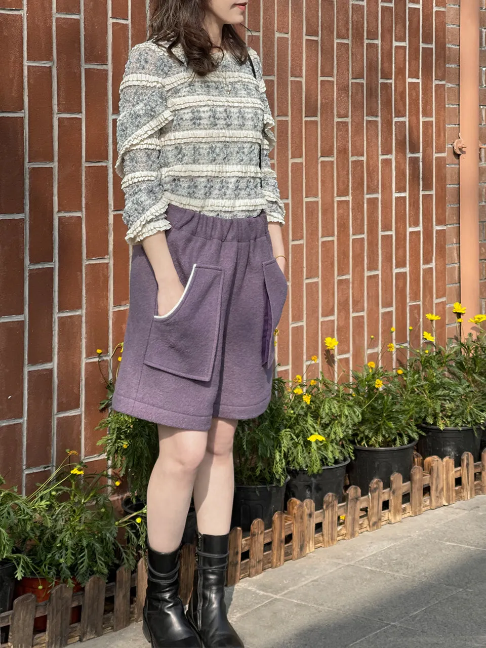 Surprise Sale! Dusty Lilac Elastic Waist Patch Pockets Wool Shorts