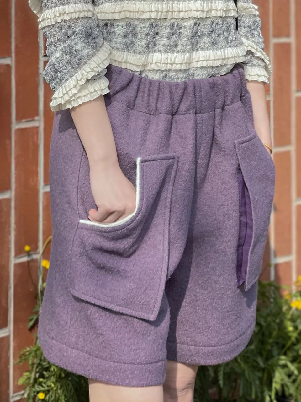 Surprise Sale! Dusty Lilac Elastic Waist Patch Pockets Wool Shorts