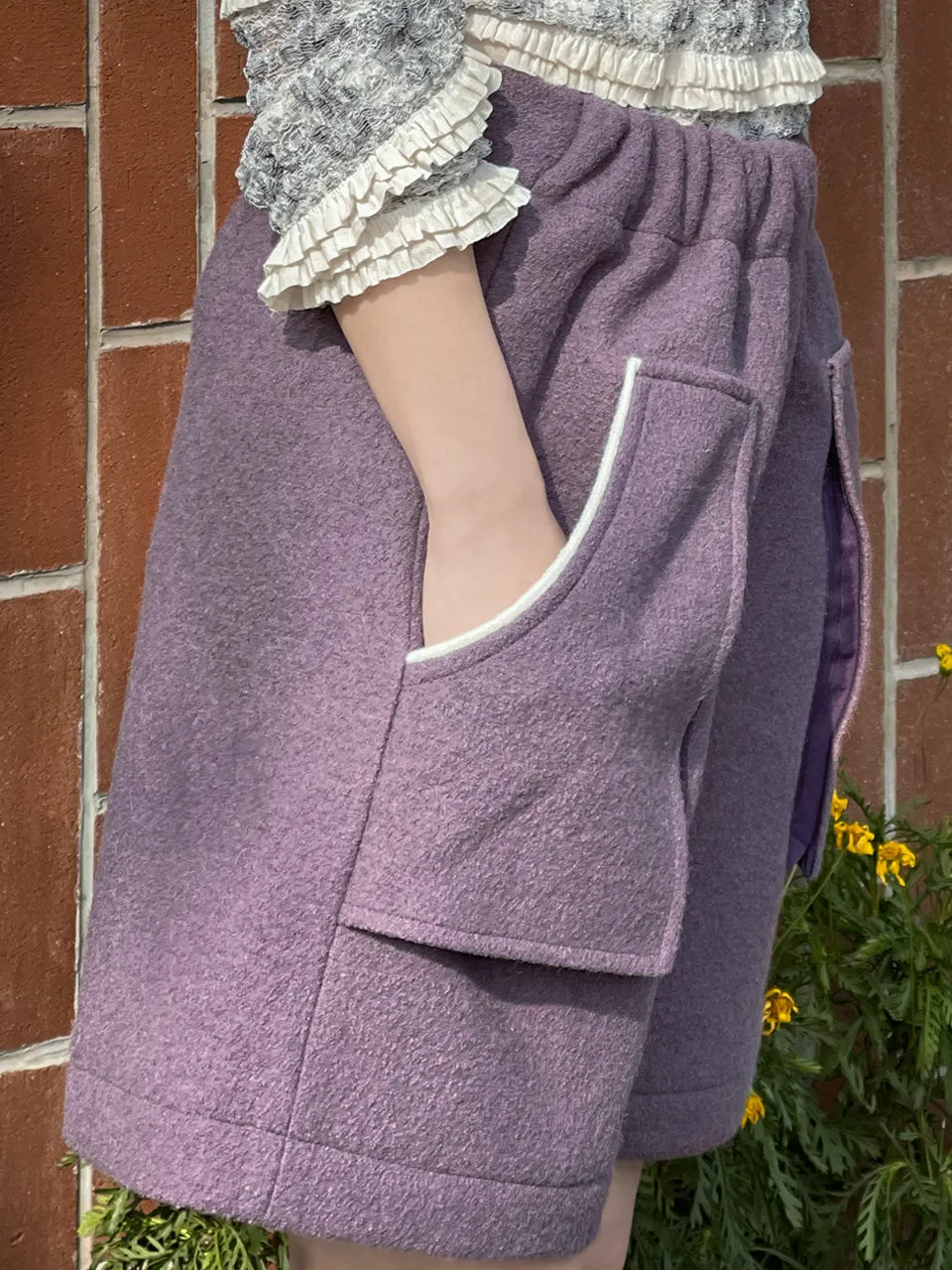 Surprise Sale! Dusty Lilac Elastic Waist Patch Pockets Wool Shorts