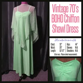 Vintage 70's Lime Boho Chiffon Shawl Maxi Dress 32B S Small