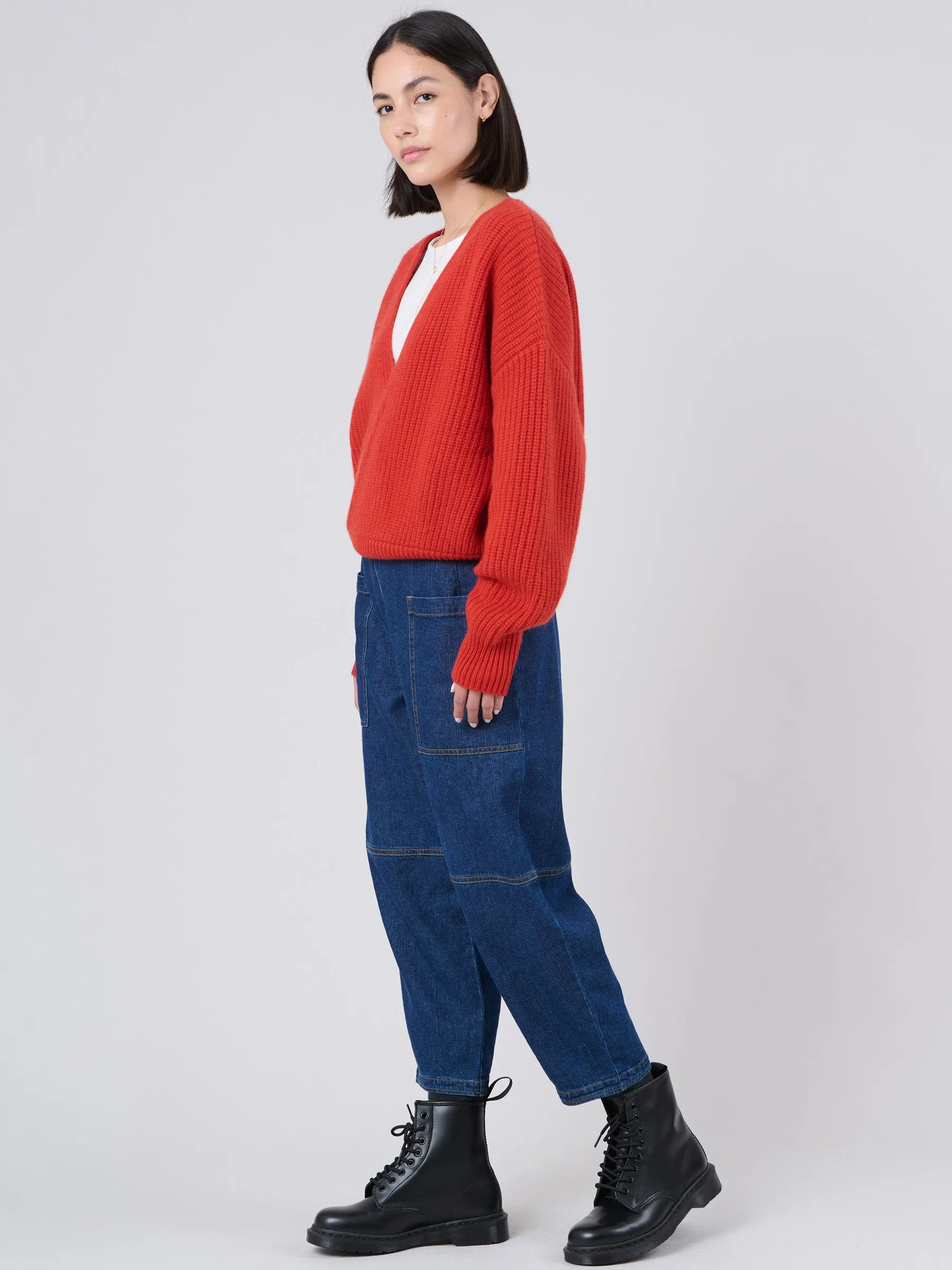 Waste Yarn Denim Cropped Barrel Leg Jeans