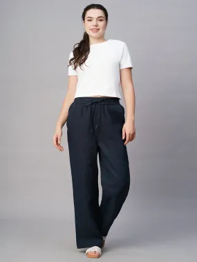 Women's Navy Linen Regular Fit Pant